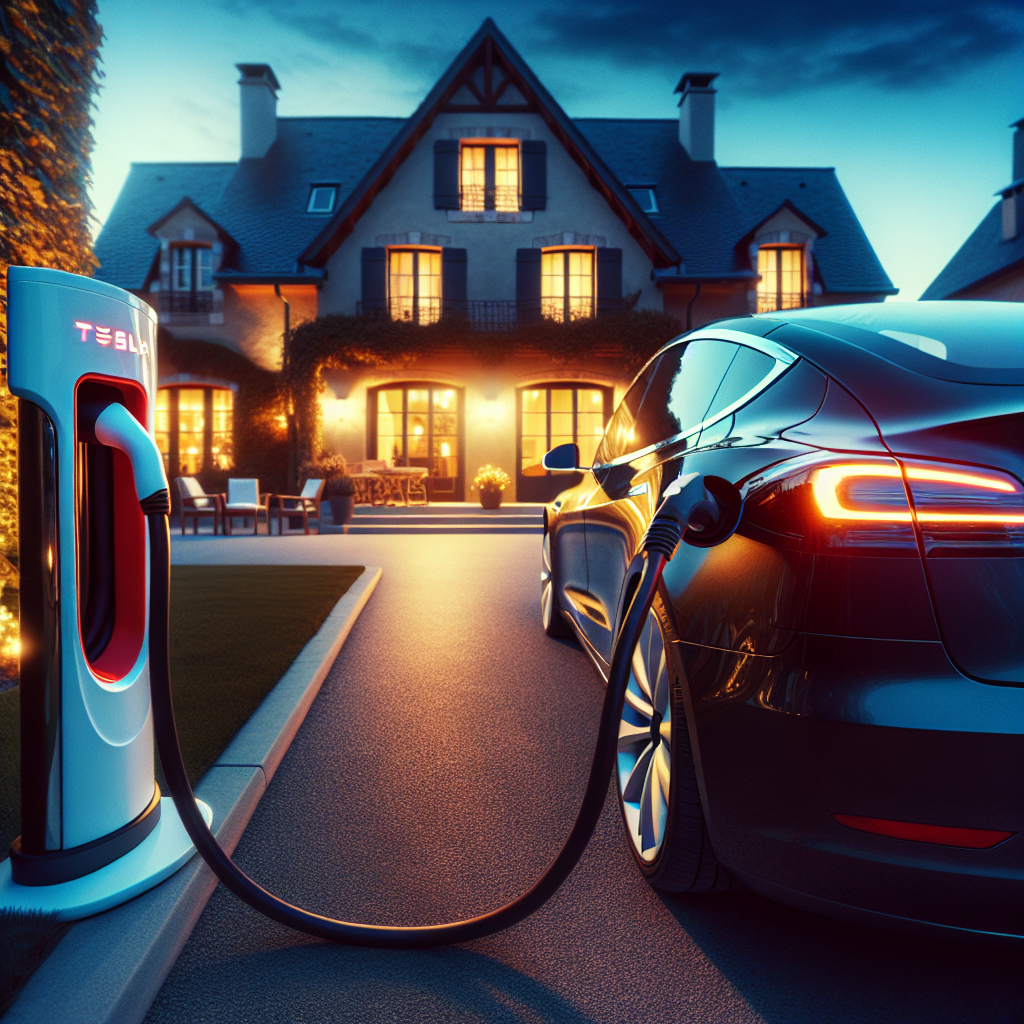 Une Tesla recharge à domicile sur wallbox dans une allée