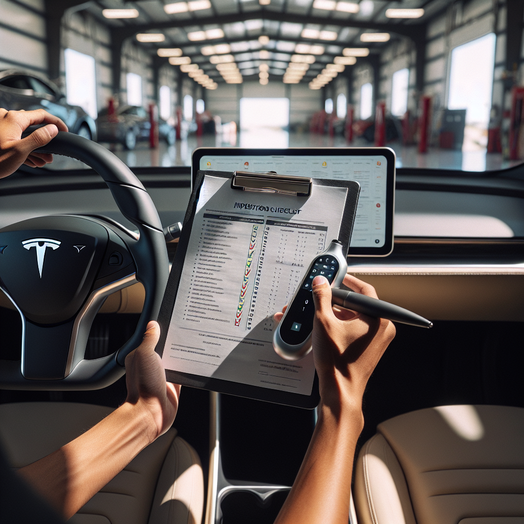 Contrôle d’une Tesla d’occasion avec check-list et écran batterie