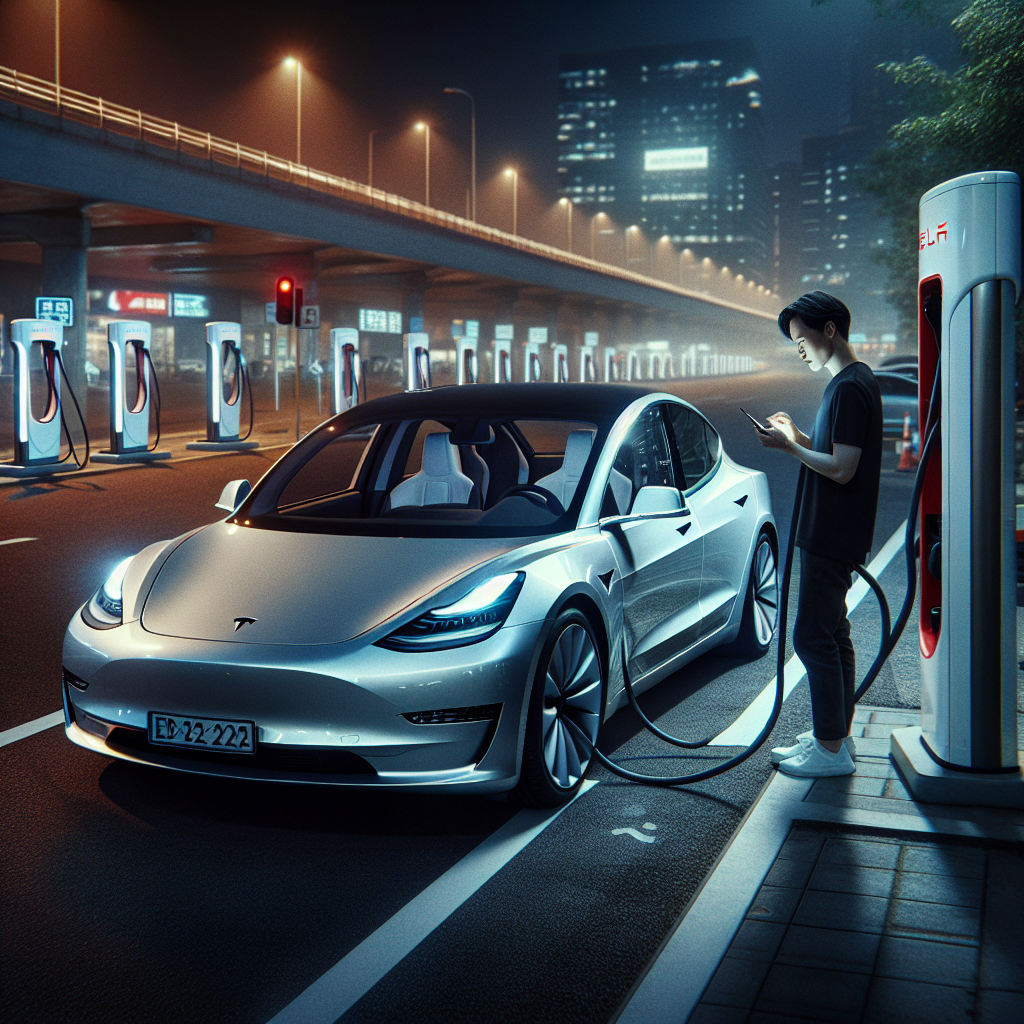 Tesla en recharge rapide sur borne, chauffeur VTC consulte son planning