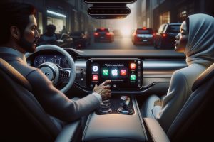 CarPlay sur écran, conducteur utilisant assistant vocal IA