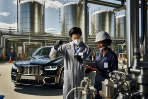 Techniciens BMW testant un carburant renouvelable en laboratoire