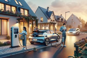 Automobiliste rechargeant une voiture électrique, station-service floue en arrière-plan