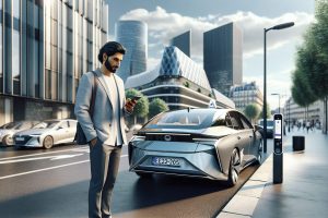 Chauffeur VTC près d'une berline hybride en ville