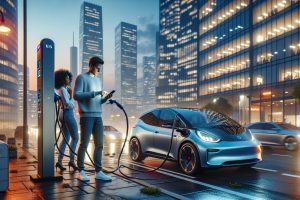 Voiture électrique en recharge rapide urbaine le soir