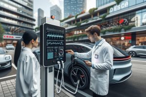 Technicien vérifiant l’état de santé d’une batterie électrique
