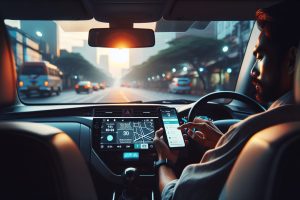 Un chauffeur VTC optimise son planning sur smartphone au lever du jour